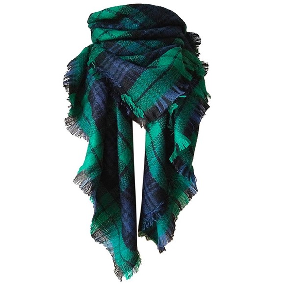 Navy Green Soft Plaid Scarf -NEW - Picture 2 of 7